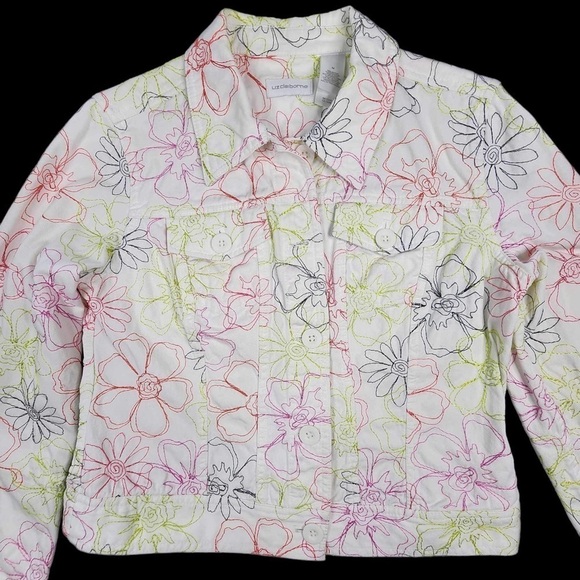 Liz Claiborne denim jacket, white with bright color embroidery - Picture 1 of 7